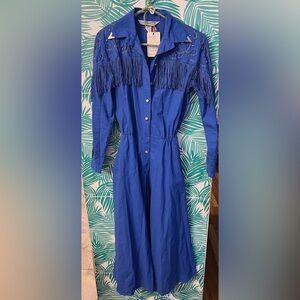 Vintage Lilia Smitty blue cotton western dress w/fringe scrollwork detail sz M
